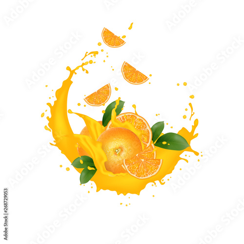 Fresh 3d realistic orange slices with juice milk yogurt splash drops isolated on a white background. Packaging template. Realistic organic fruit dairy product.