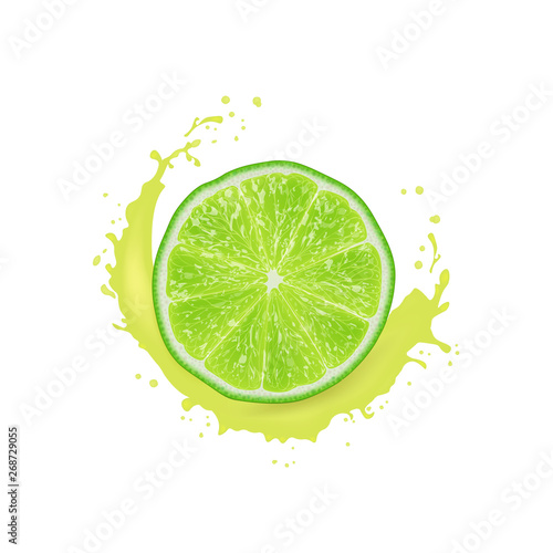 Realistic 3d  Illustration. Sliced  lime. Milk juice splash. Colourful citrus background.