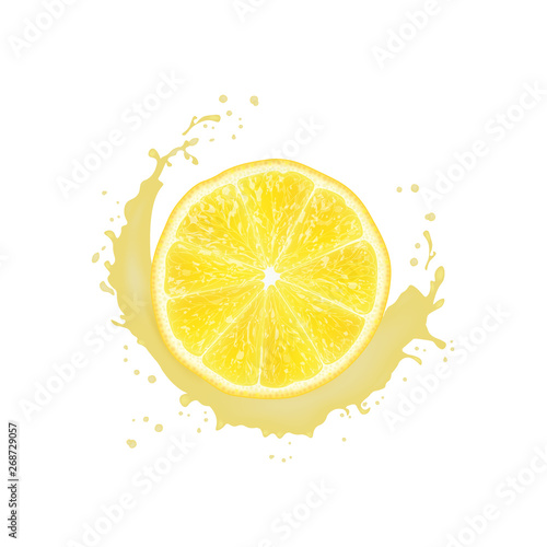 Realistic 3d Vector Illustration. Sliced lemon. Milk juice splash. Colourful citrus background.