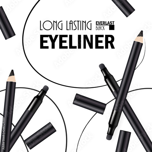 Beautiful Eyeliner Pen Poster for the promotion of cosmetic premium product. Cosmetic ads for packaging  with graphic elements. Design of New Product. 3d