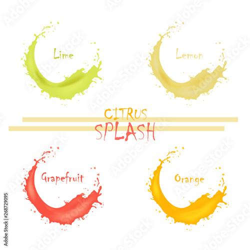 3d realistic twisted lemon, lime, grapefruit, orange juice  splash with drops. Isolated citrus juicy cream surfing wave on white background. Product package design.