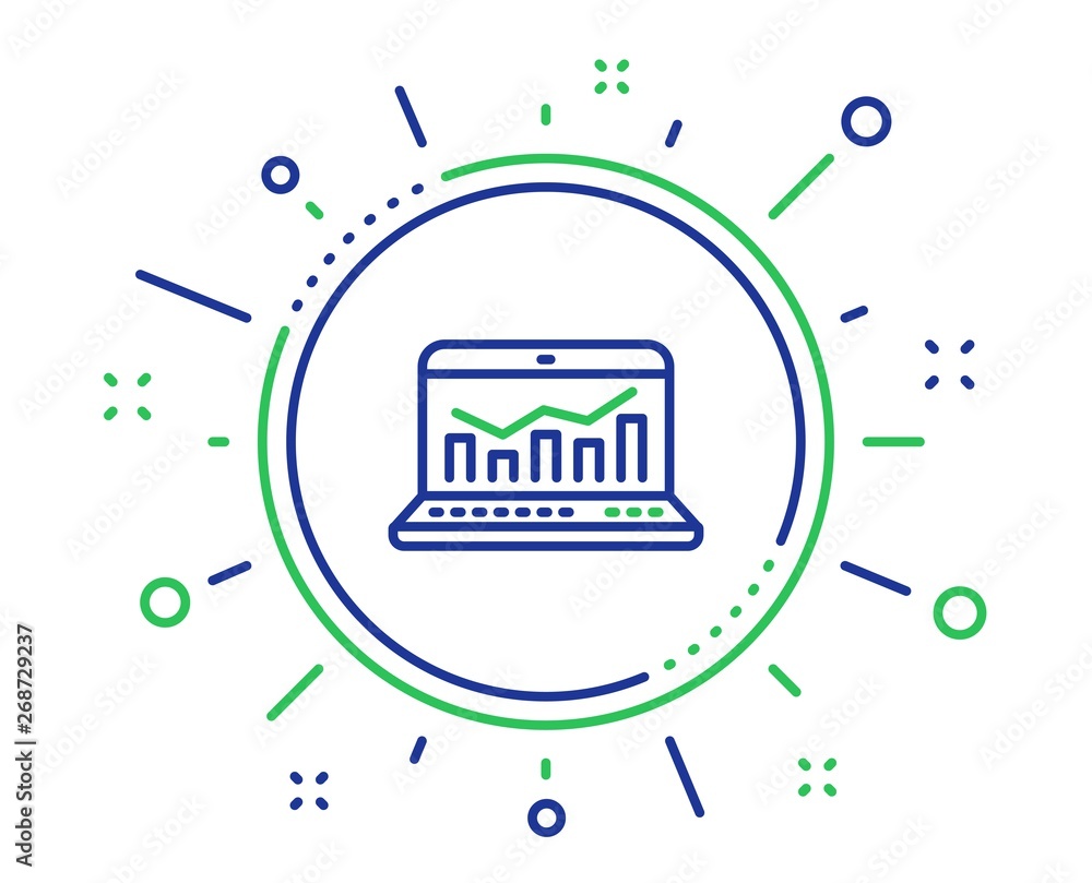 Obraz premium Marketing statistics line icon. Web analytics symbol. Laptop or Notebook sign. Quality design elements. Technology web analytics button. Editable stroke. Vector