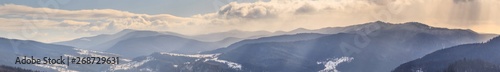 Winter landscape, panorama, banner - top view of the snowy mountain valley in the Carpathians, in Ukraine © rustamank