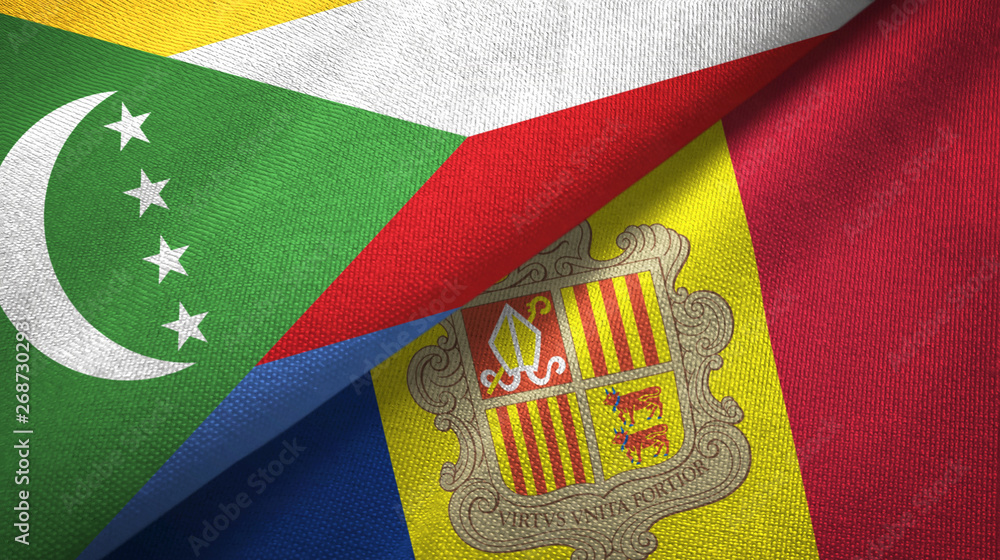 Comoros and Andorra two flags textile cloth, fabric texture Comoros and Andorra two flags textile cloth, fabric texture