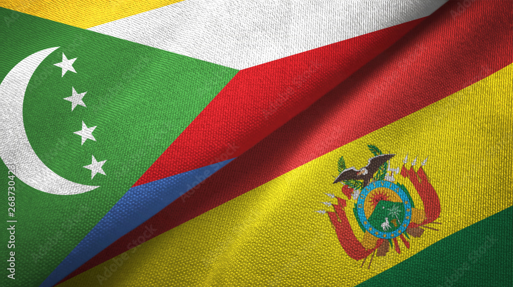 Fototapeta premium Comoros and Bolivia two flags textile cloth, fabric texture
