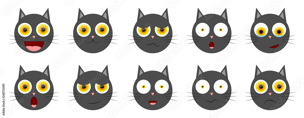 Set smiley cat emotion icons. Cute kitten character, graphic design template, collection app symbols, vector illustration Set smiley cat emotion icons. Cute kitten character, graphic design template, collection app symbols, vector illustration