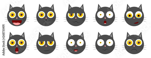 Set smiley cat emotion icons. Cute kitten character, graphic design template, collection app symbols, vector illustration