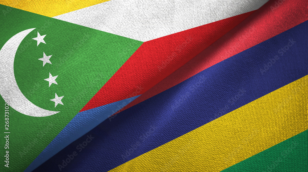 Fototapeta premium Comoros and Mauritius two flags textile cloth, fabric texture