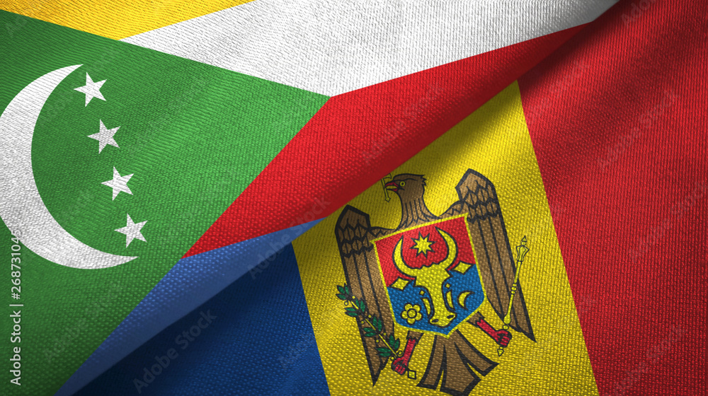 Comoros and Moldova two flags textile cloth, fabric texture Comoros and Moldova two flags textile cloth, fabric texture