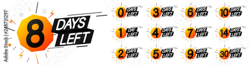 Days Left for Sale, or to end offer, set countdown tags, discount banners design template, app icons, vector illustration