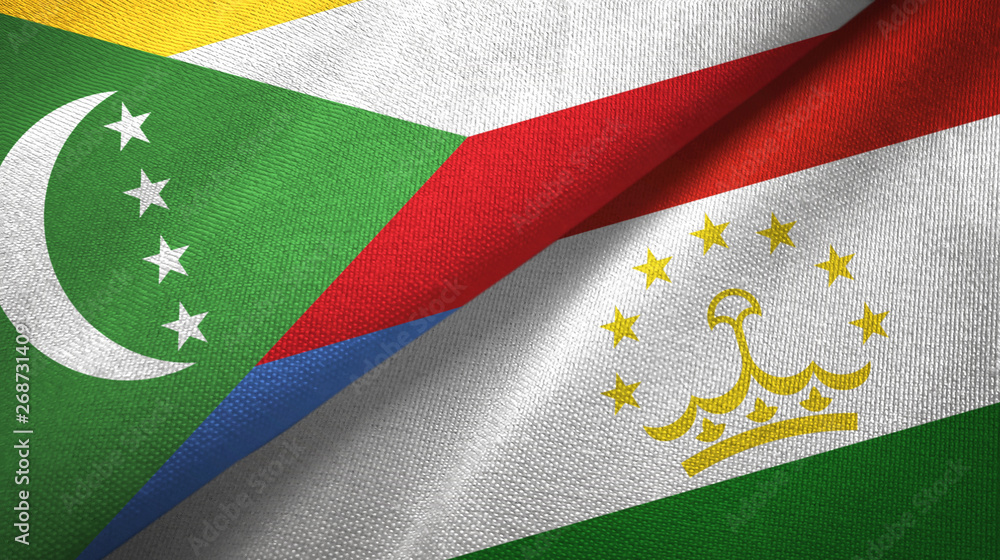 Comoros and Tajikistan two flags textile cloth, fabric texture Comoros and Tajikistan two flags textile cloth, fabric texture