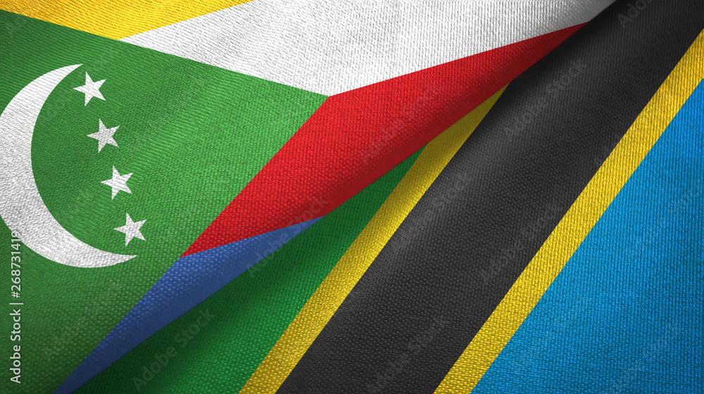 Fototapeta premium Comoros and Tanzania two flags textile cloth, fabric texture