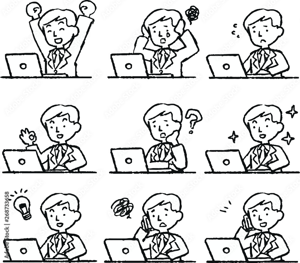 Monochrome Analog style Pop illustration of working man and laptop PC set Monochrome Analog style Pop illustration of working man and laptop PC set