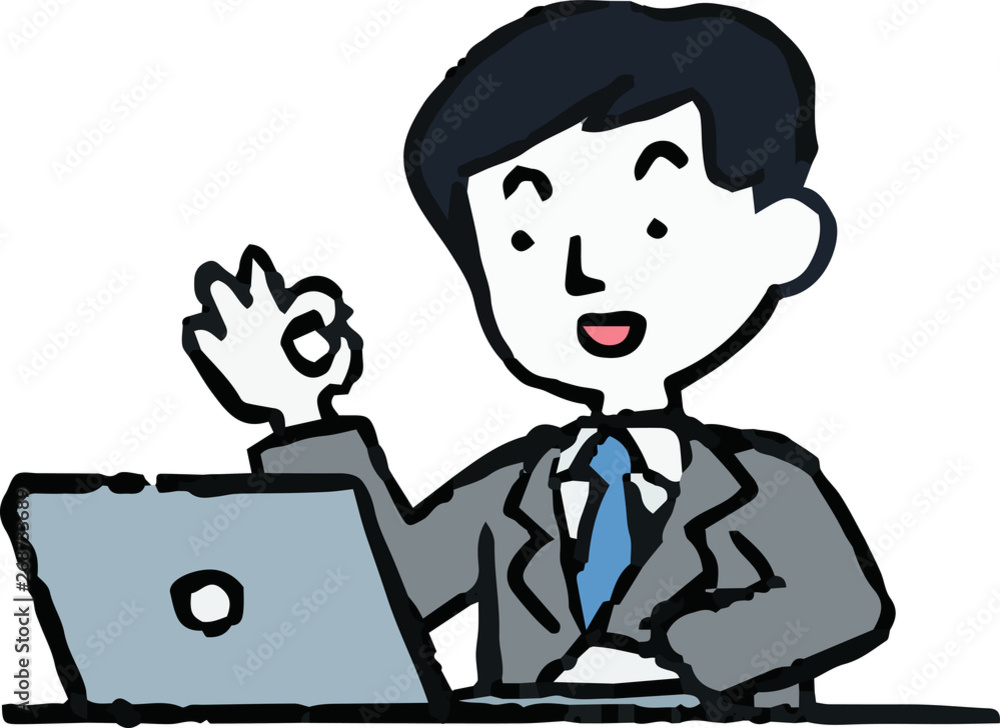 Analog style illustration of working man and laptop PC Analog style illustration of working man and laptop PC