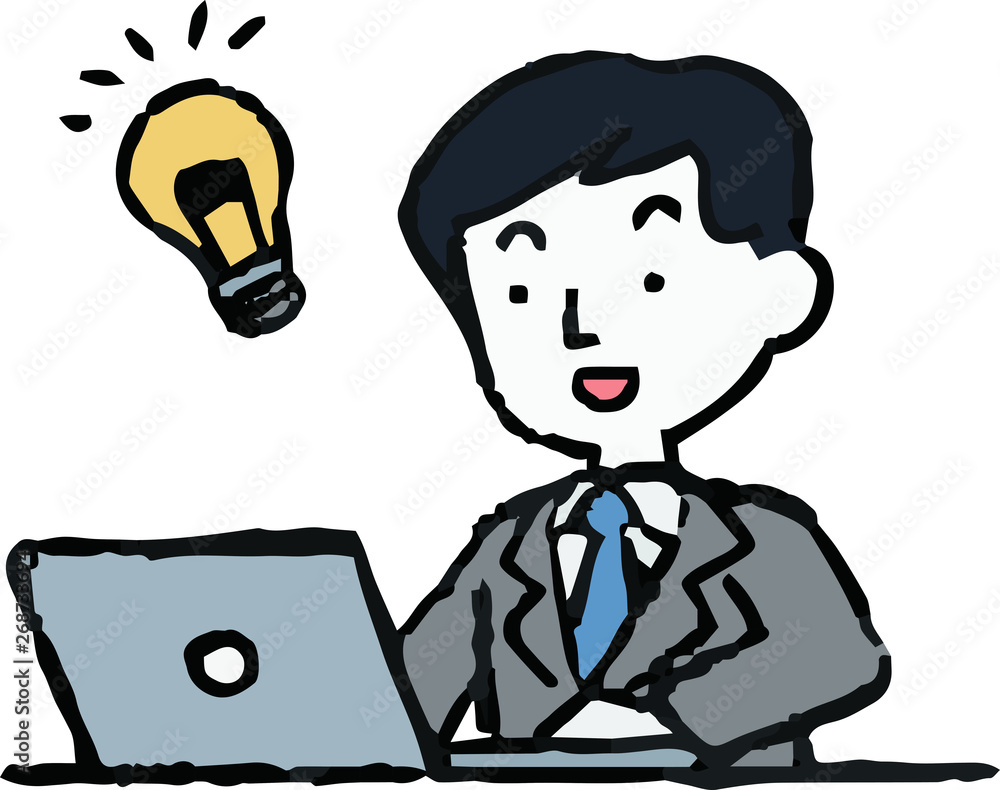 Analog style illustration of working man and laptop PC Analog style illustration of working man and laptop PC