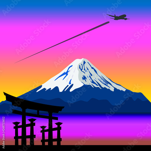 Vector illustration of sunset at Mount Fuji. Symbol of Japan. 