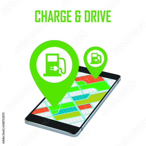 Vector illustration of electric vehicles charging station location. Mobile map on smartphone.