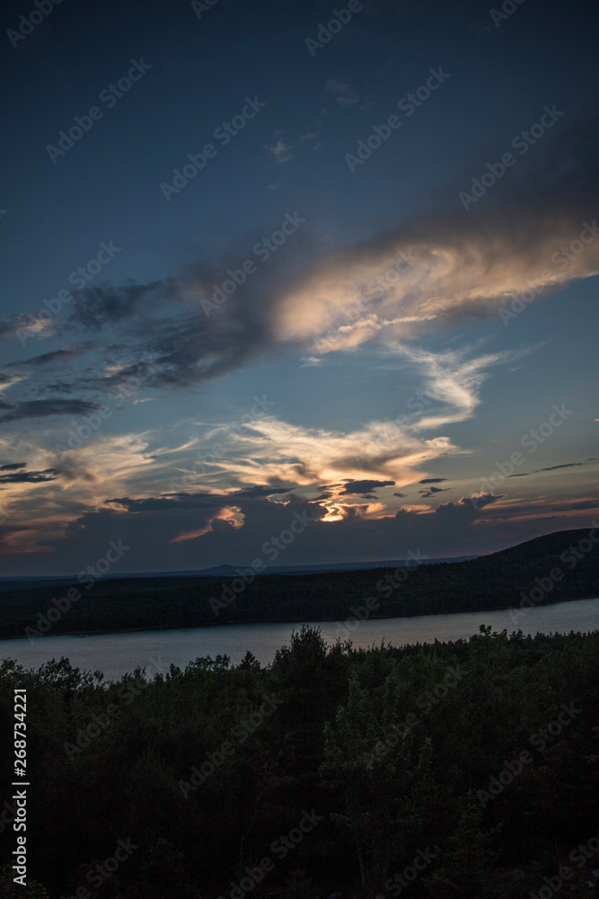 Sunset Above the Clouds. Dusk views from Cadillac Mountain, Acadia national park. Bar Harbor. 