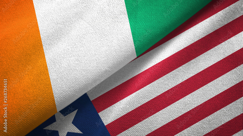 Cote d'Ivoire and Liberia two flags textile cloth, fabric texture Cote d'Ivoire and Liberia two flags textile cloth, fabric texture