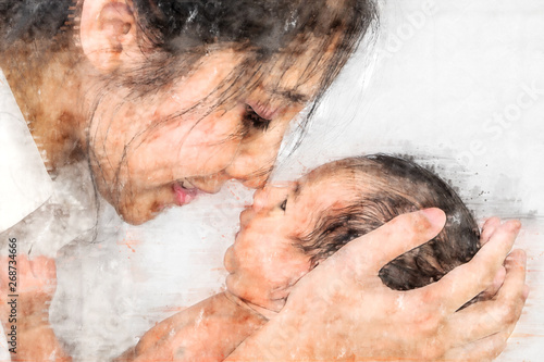 digital drawing of mother holding her infant baby boy