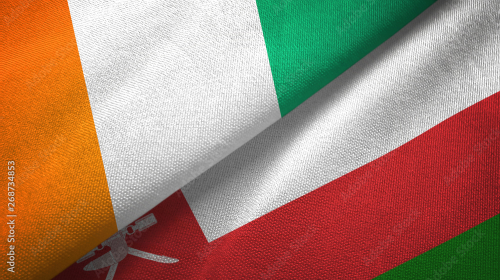 Cote d'Ivoire and Oman two flags textile cloth, fabric texture Cote d'Ivoire and Oman two flags textile cloth, fabric texture