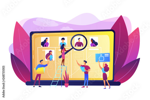 Recruitment agency, employment service. HR manager searching candidate CV. Wanted employees, vacancies are open, join our team, we re hiring concept. Bright vibrant violet vector isolated illustration