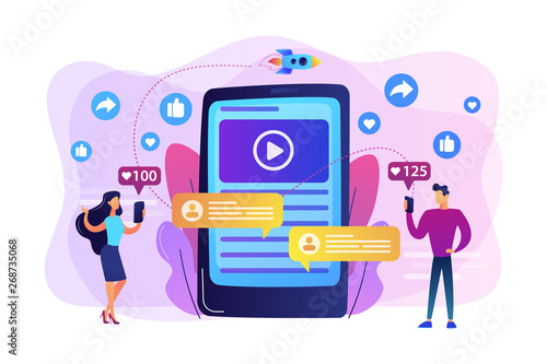 Digital marketing, online advertising, SMM. App notification, chatting, texting. Viral content, internet meme creation, mass shared content concept. Bright vibrant violet vector isolated illustration