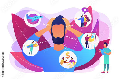 Introversion, agoraphobia, public spaces phobia. Mental illness, stress. Social anxiety disorder, anxiety screening test, anxiety attack concept. Bright vibrant violet vector isolated illustration