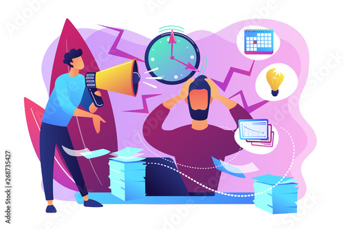 Exhausted, frustrated worker, burnout. Boss shout at employee, deadline. How to relieve stress, acute stress disorder, work related stress concept. Bright vibrant violet vector isolated illustration