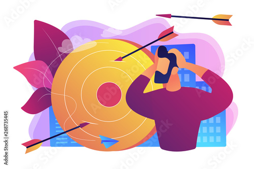 Stressed man suffering from migraine. How to deal with frustration, frustration and anger control, emotionally intelligent habits concept. Bright vibrant violet vector isolated illustration