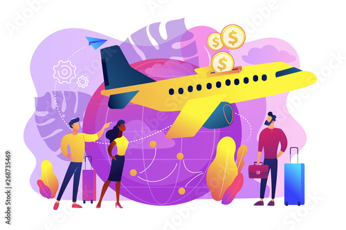 Cheap tickets for air transportation. Cost-efficient last minute flight offers. Economy class airlines for tourists, travelers with limited budget. Low cost flights concept vector illustration