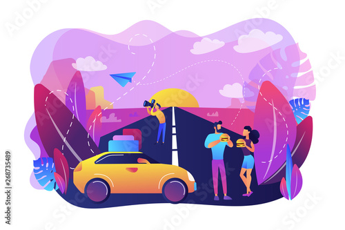 Family enjoying vacation on interstate highway. Photographing scenic sunset view. Road trip, road traveling journey, traveling by car concept. Bright vibrant violet vector isolated illustration