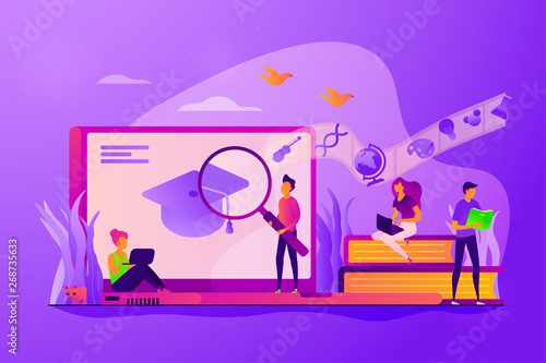 Students preparing for graduation exams. Scientific research  online studying. Learning style  memory and knowledge  education and training concept. Vector isolated concept creative illustration