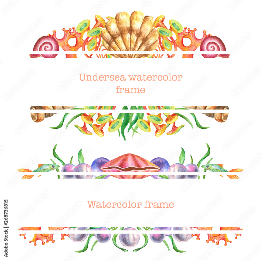 Watercolor rectangle frames with undersea plants, seaweeds, pearls, shells and corals. Retro underwater borders in green, purple and living coral colors