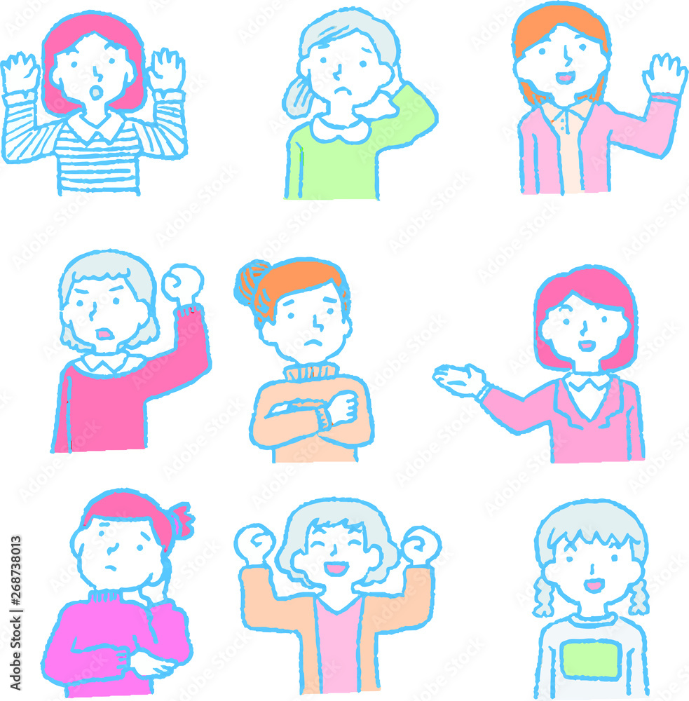 Analog-style pop illustrations of women emotional expression set Analog-style pop illustrations of women emotional expression set