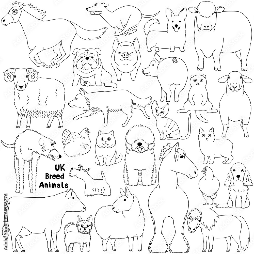 line art doodle of UK breed domestic animals