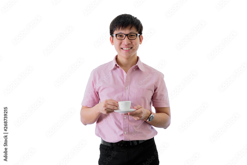 Asian young businessman has standing and drinking a cup of coffee with happy on isolated on wihte background. Asian young businessman has standing and drinking a cup of coffee with happy on isolated on wihte background.