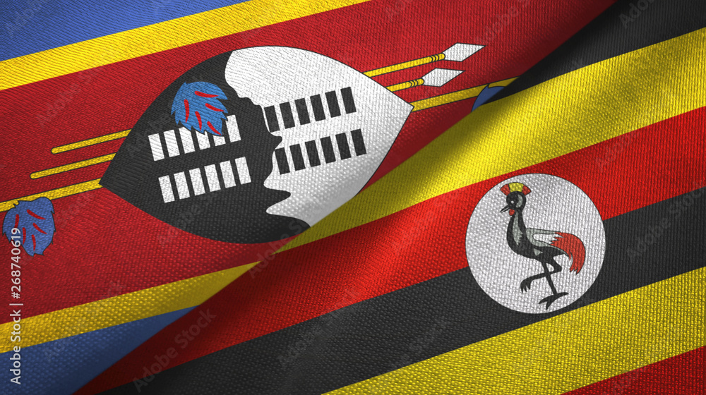 Fototapeta premium Eswatini Swaziland and Uganda two flags textile cloth, fabric texture
