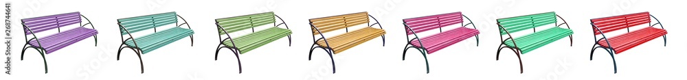 set of benches of different colors: purple, red, blue, green, yellow, turquoise, pink