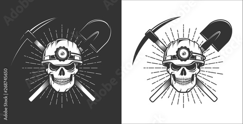 Miner logo in retro style. Skull in a mining helmet with a lantern. Pick axe and shovel.