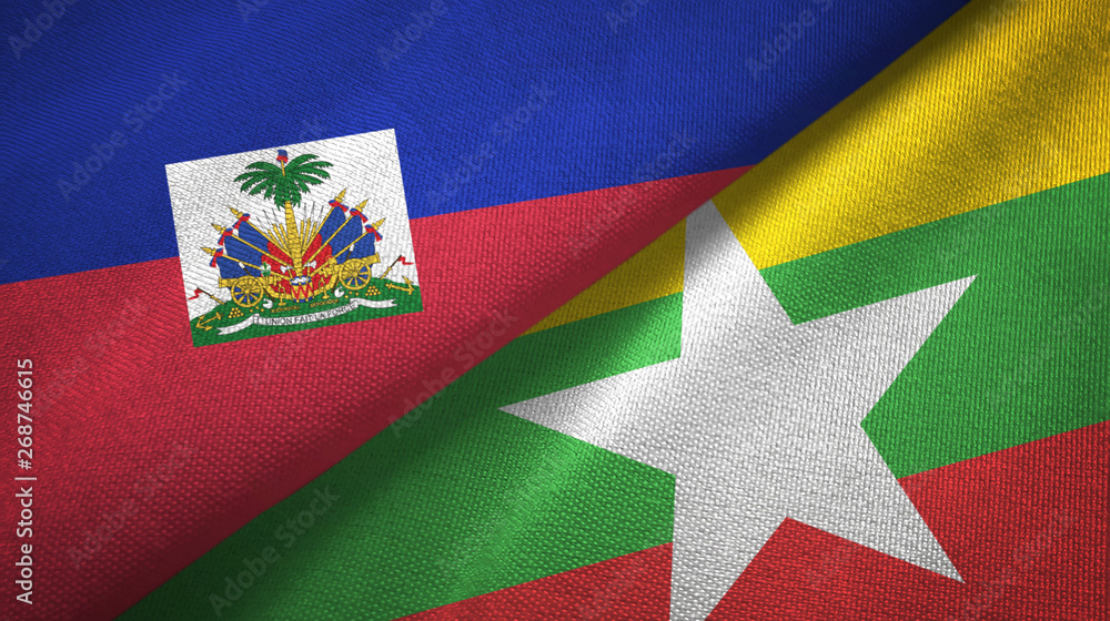 Haiti and Myanmar two flags textile cloth, fabric texture Haiti and Myanmar two flags textile cloth, fabric texture