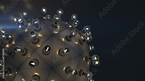 Metallic ball with edison style lightbulbs. Computer grnerated graphics. Seamless loop 3D render animation photo