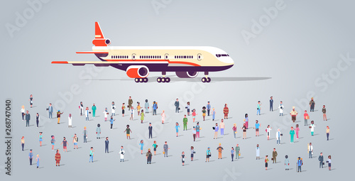 people group on airport terminal with aircraft flying plane different occupation employees mix race workers crowd passengers transportation concept horizontal full length flat