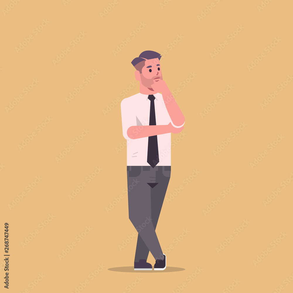 businessman in formal wear holding hand on chin standing pose smiling male cartoon character business man office worker posing flat full length businessman in formal wear holding hand on chin standing pose smiling male cartoon character business man office worker posing flat full length