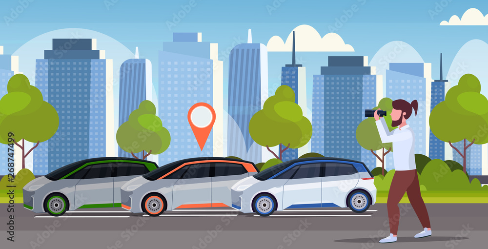 casual man looking through binoculars searching automobile with location pin rent car sharing concept transportation carsharing service modern cityscape background horizontal full length