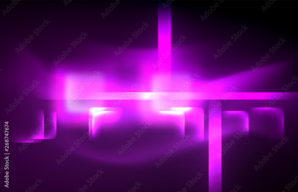 Neon square and line lights on dark background with blurred effects Neon square and line lights on dark background with blurred effects