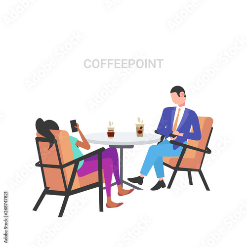 businesspeople using smartphones during corporate break business man woman coworkers sitting cafe table coffee point concept flat white background full length