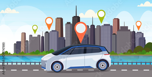 automobile with location pin on road online ordering taxi car sharing concept mobile transportation carsharing service modern city street cityscape background flat horizontal