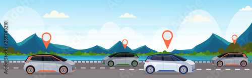 automobile with location pin on road online ordering taxi car sharing concept mobile transportation carsharing service mountains river landscape background flat horizontal banner