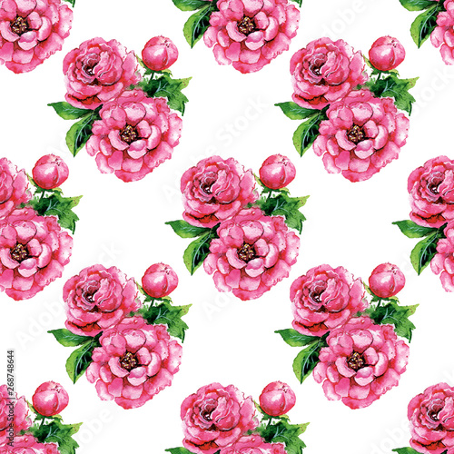 Flower pink peonies watercolor illustration hand drawn on white background seamless pattern